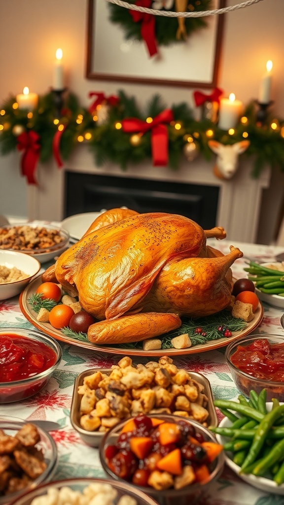 A festive Christmas table with a roasted turkey, cranberry sauce, and side dishes, decorated for the holiday.
